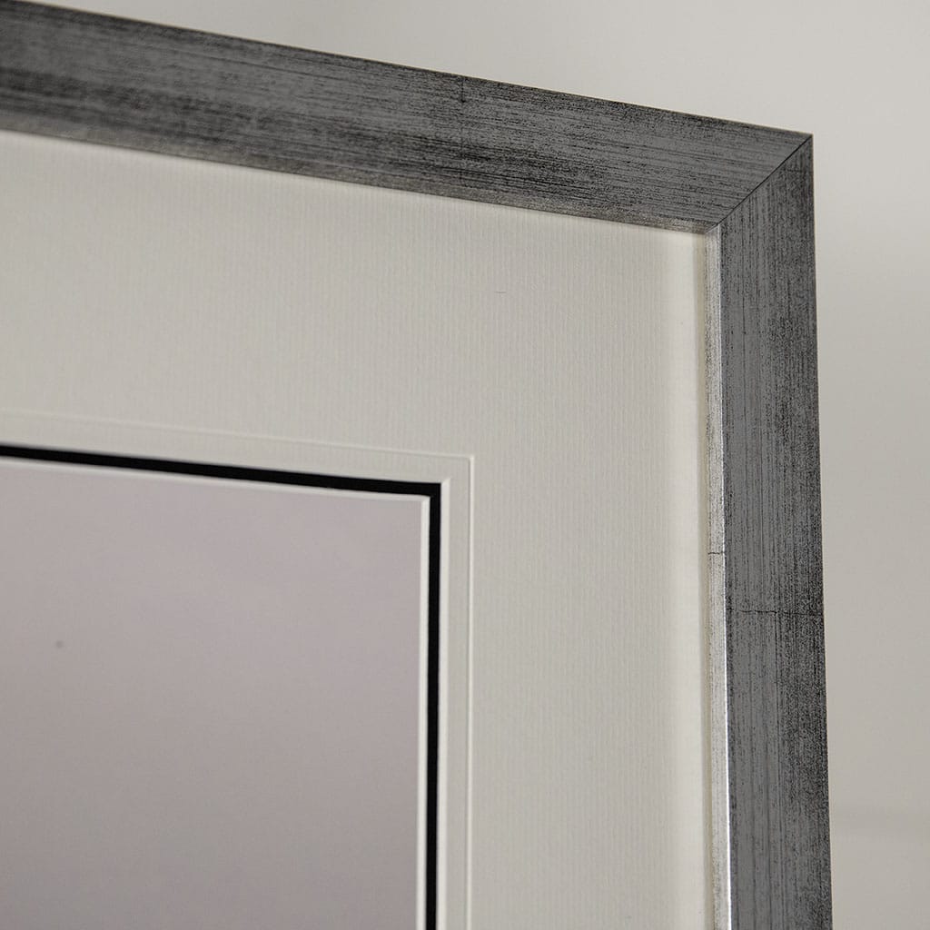 closeup of a silver and black flecked modern picture frame matched with a white and black edged mount.