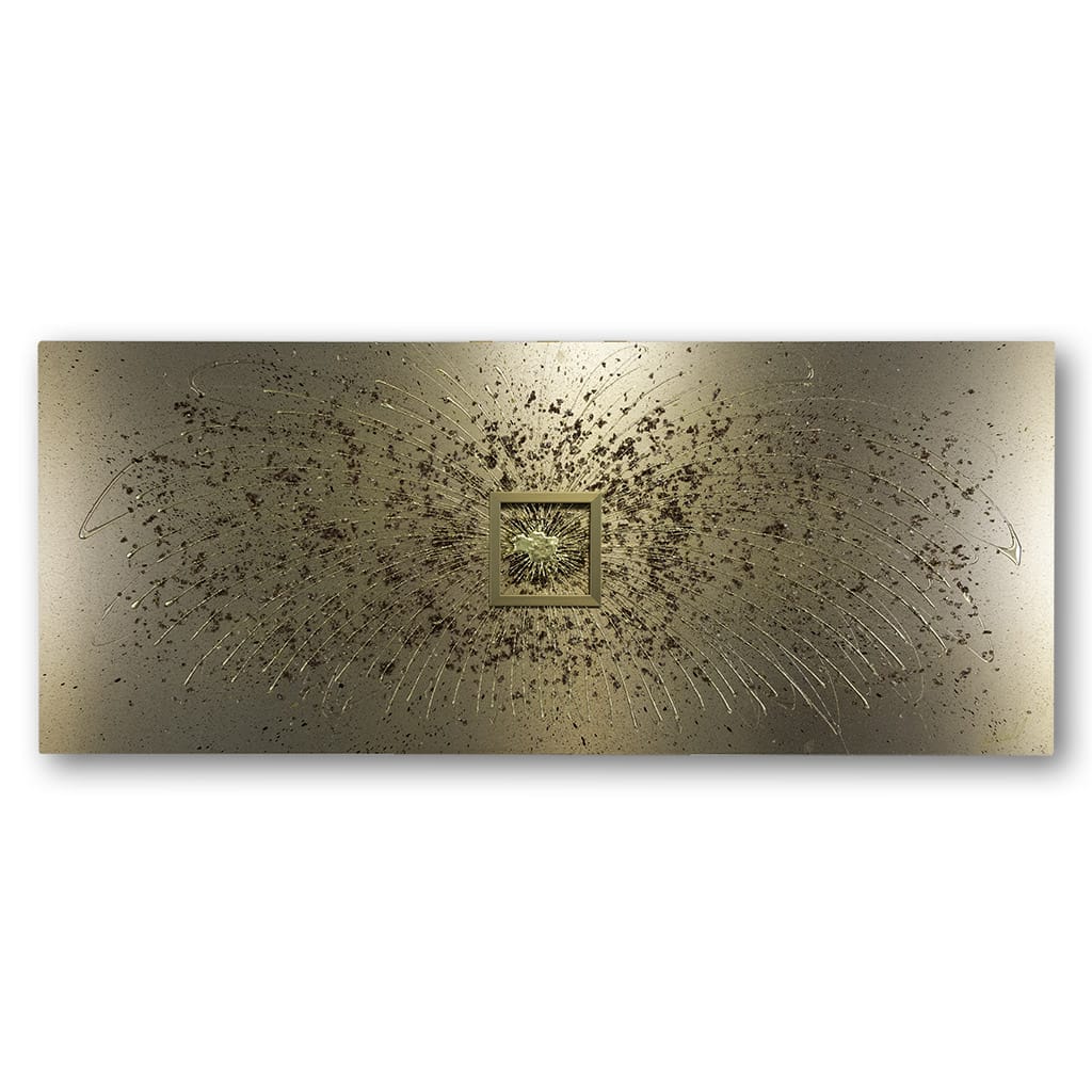 Large panoramic Luxury gold textured abstract metal wall art with gold leaf detail and sculptural design. Handmade by elysian bespoke