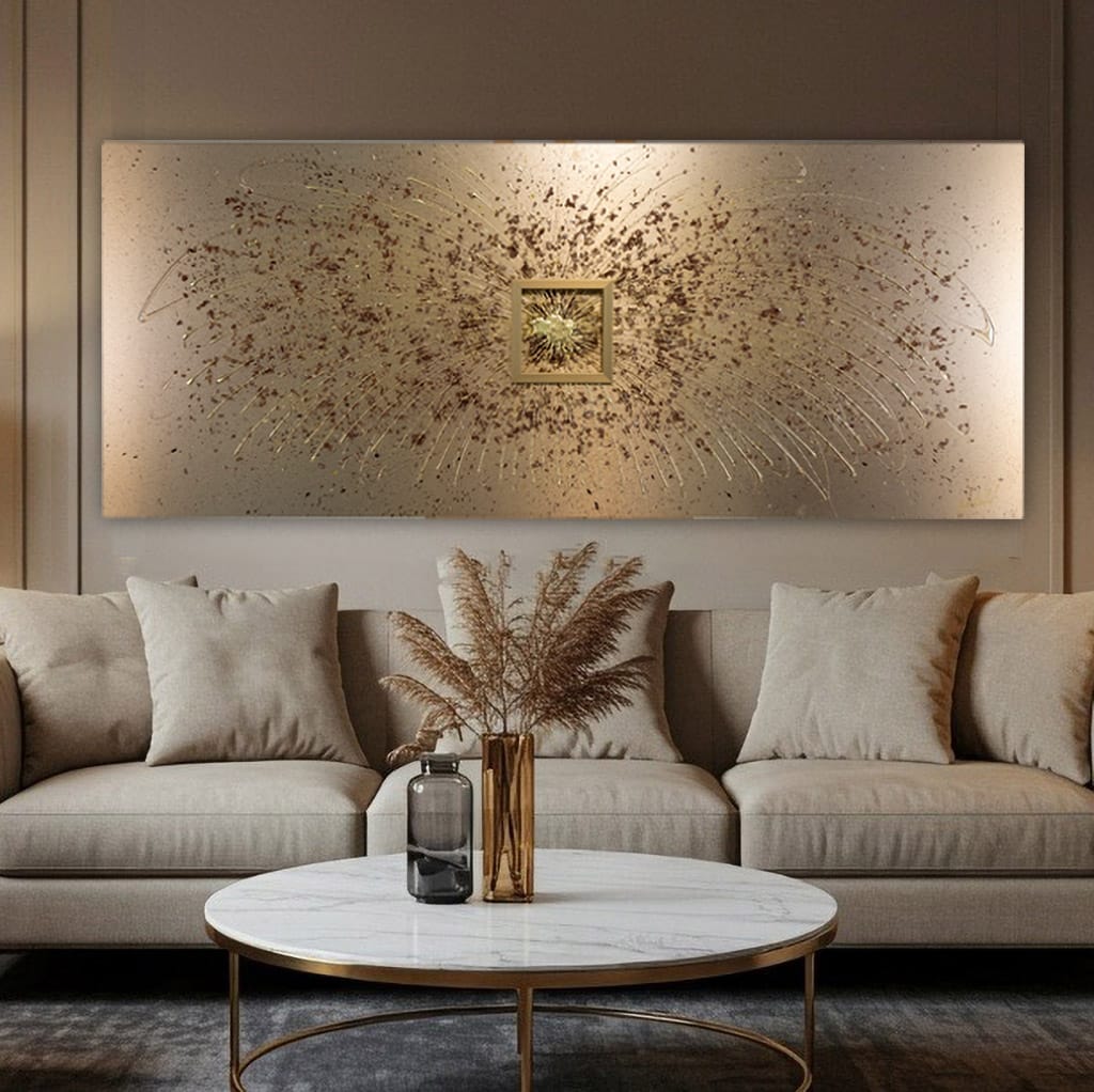 Luxury gold and brown textured abstract metal wall art with gold leaf detailing. Handmade by Paul Marshall at elysian bespoke