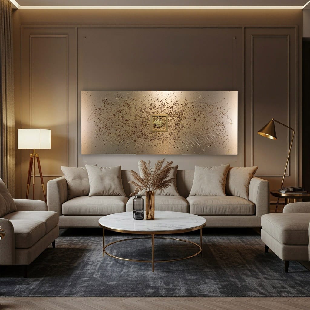 Luxury gold and brown textured abstract metal wall art with gold leaf detail and sculptural design. Handmade by elysian bespoke