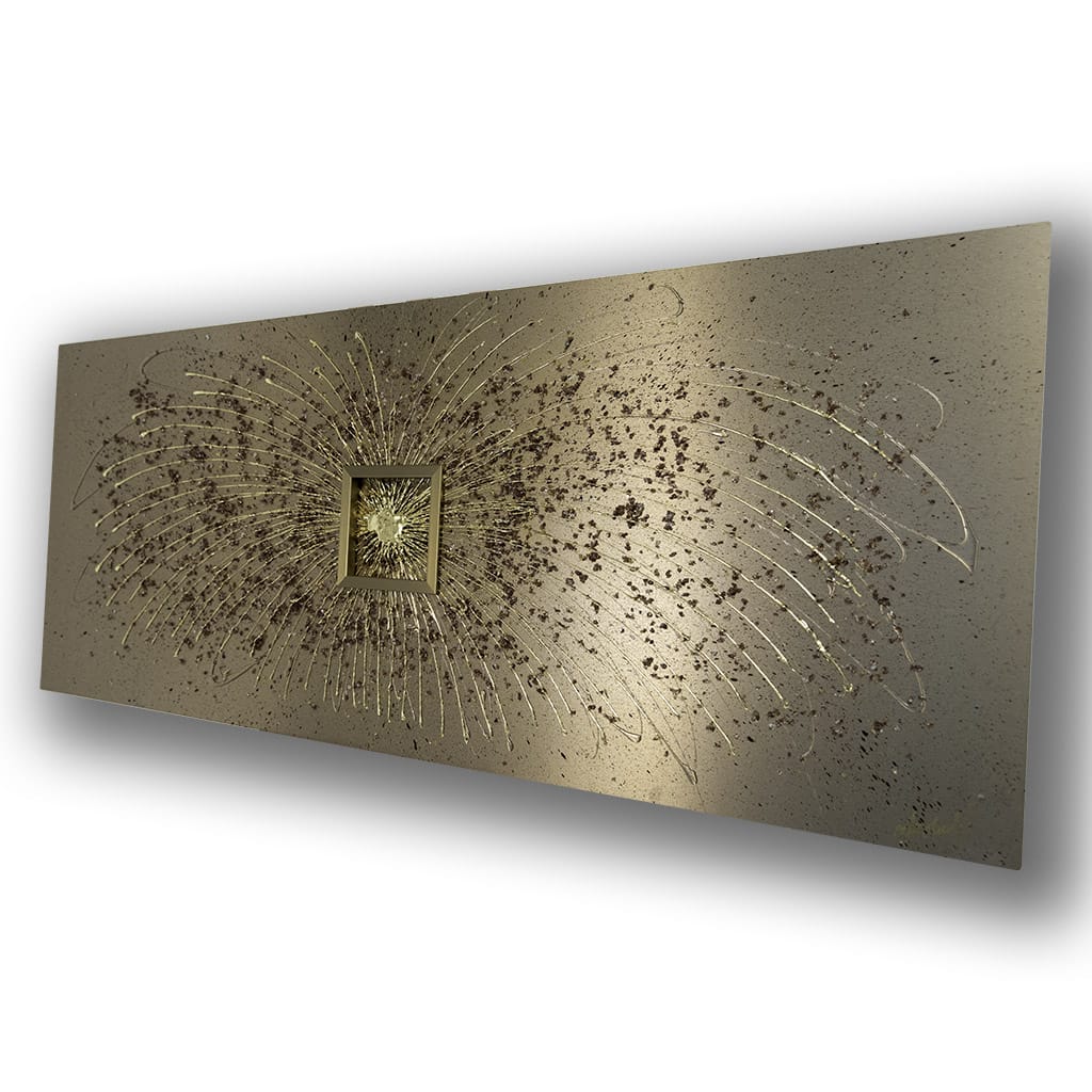 Luxury gold textured abstract metal wall art with gold leaf detail and sculptural design. Handmade by elysian bespoke