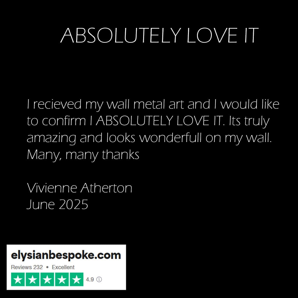 Positive review of wall metal art with a black background and white text.
