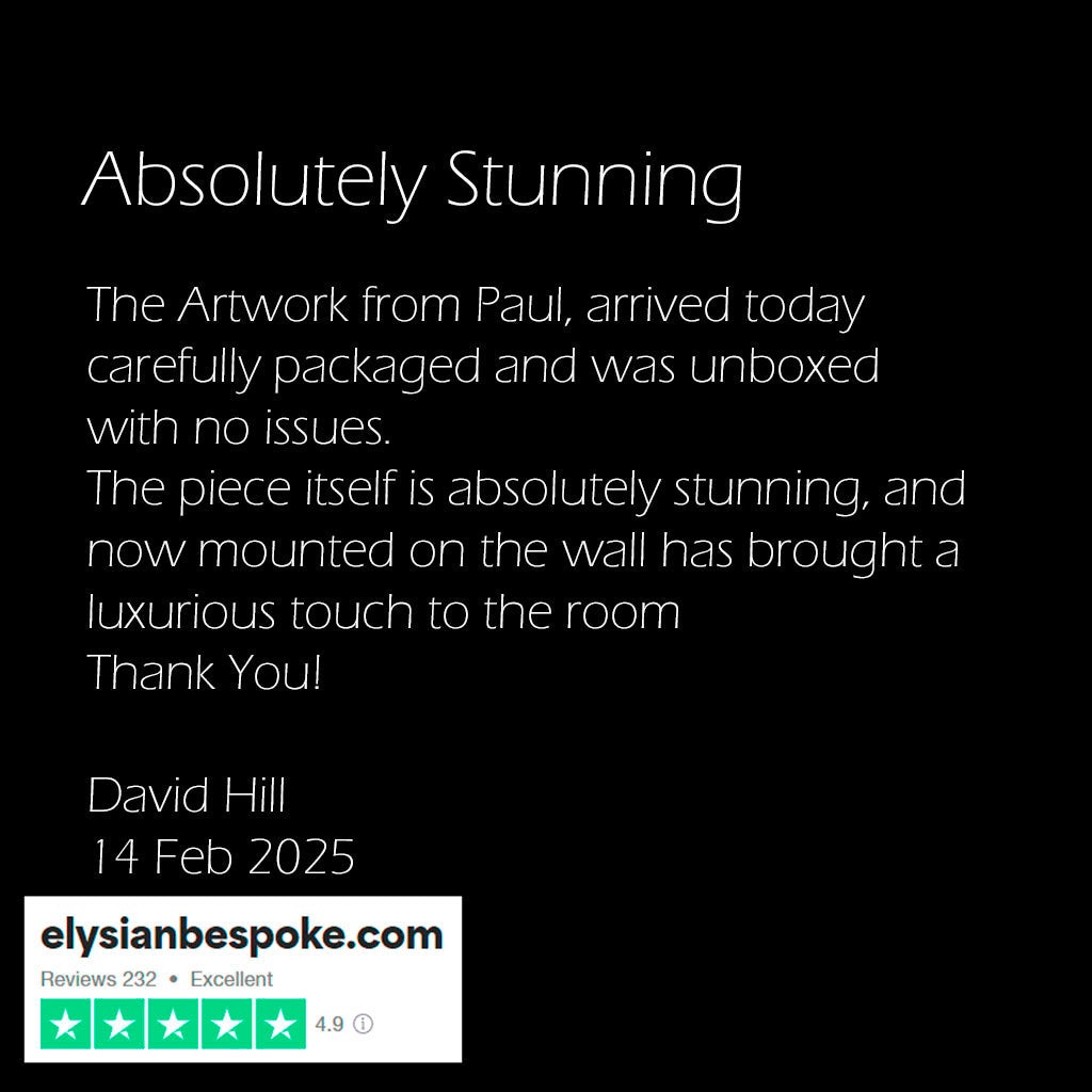Positive review of Elysian Bespoke artwork from Paul, with text and a website link on a black background.