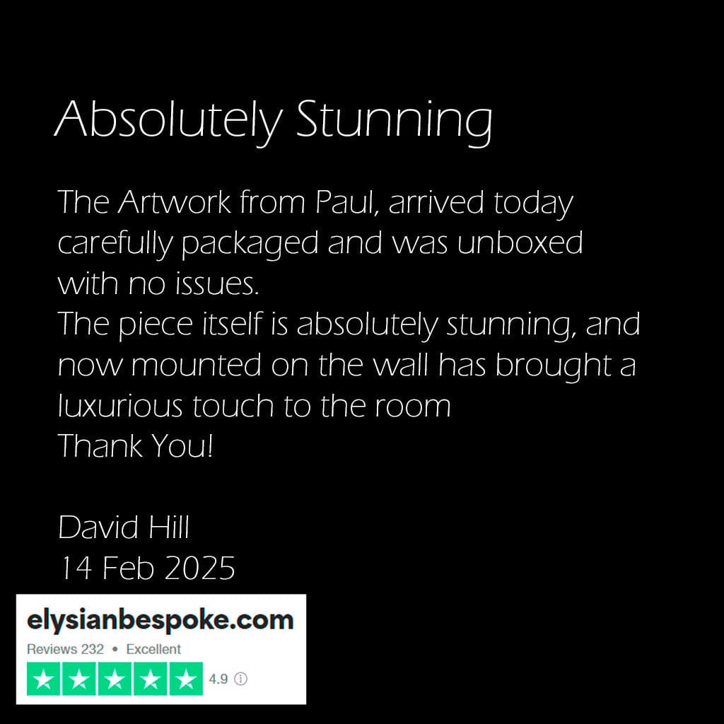 Positive review of Elysian Bespoke artwork from Paul, with text and a website link on a black background.