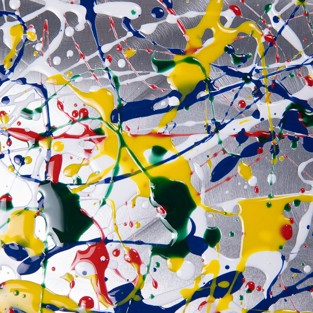closeup of abstract liquid art on metal. Hand made in Yorkshire