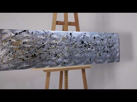 Metal wall art in Jackson Pollock style in silvers, blacks and golds