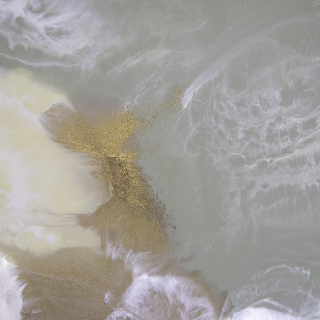close up of gold mica on Luxury olive green, gold and white abstract resin wall art for modern living rooms by Elysian bespoke