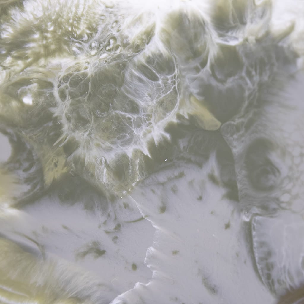 closeup detail of Luxury olive green, gold and white abstract resin wall art for modern living rooms by Elysian bespoke