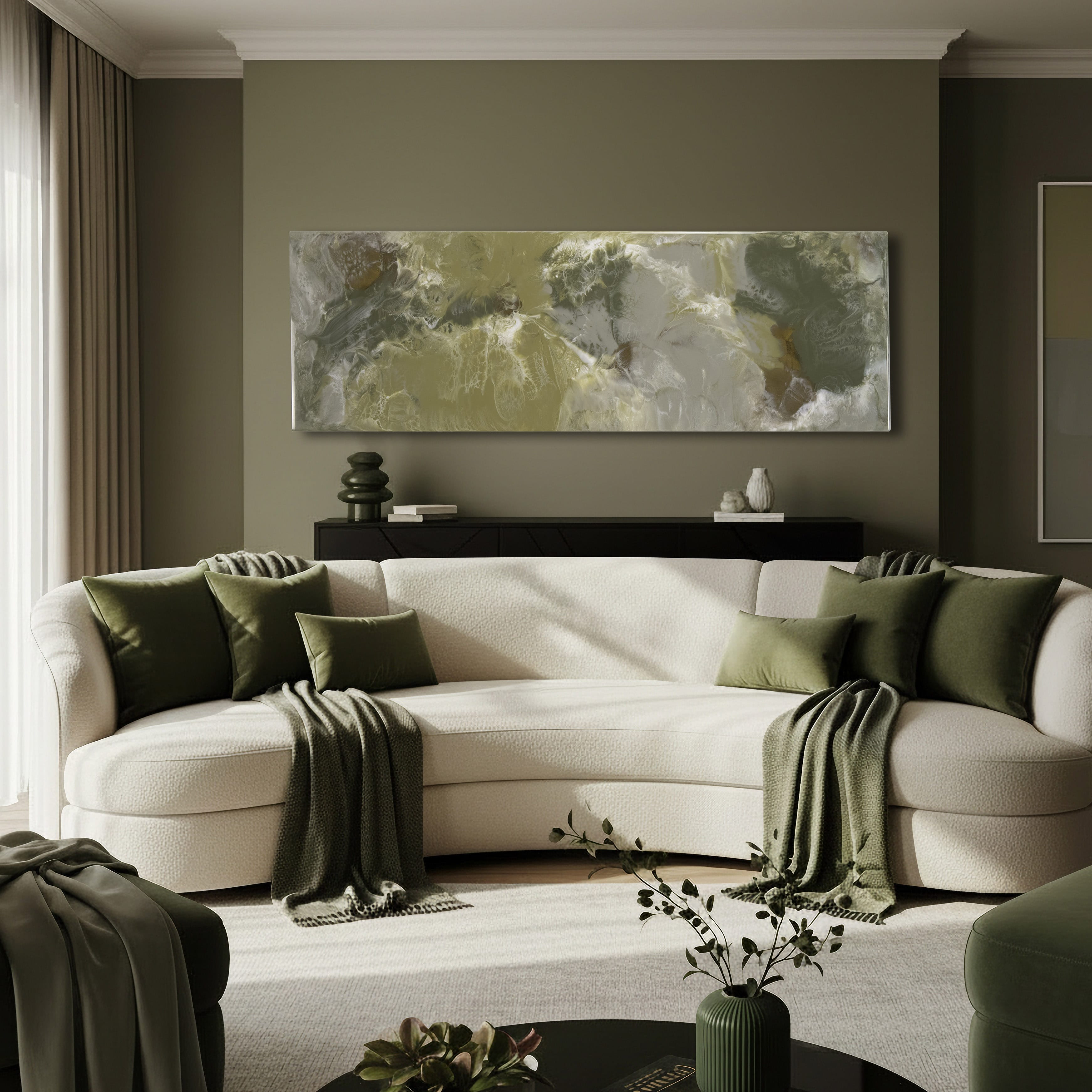 Luxury olive green, gold and white abstract resin wall art for modern living rooms by Elysian bespoke