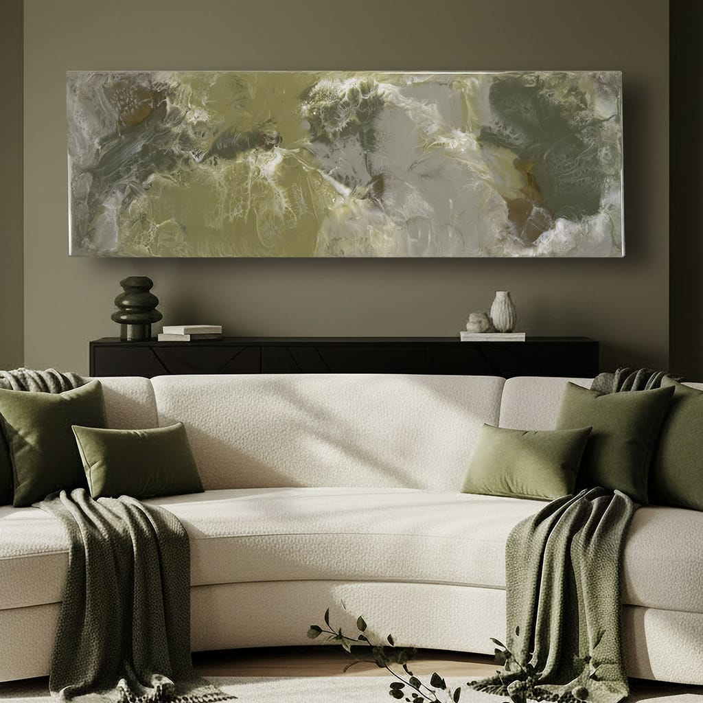 Luxury olive green, gold and white abstract glossy resin wall art for modern living rooms and bedrooms by Elysian bespoke