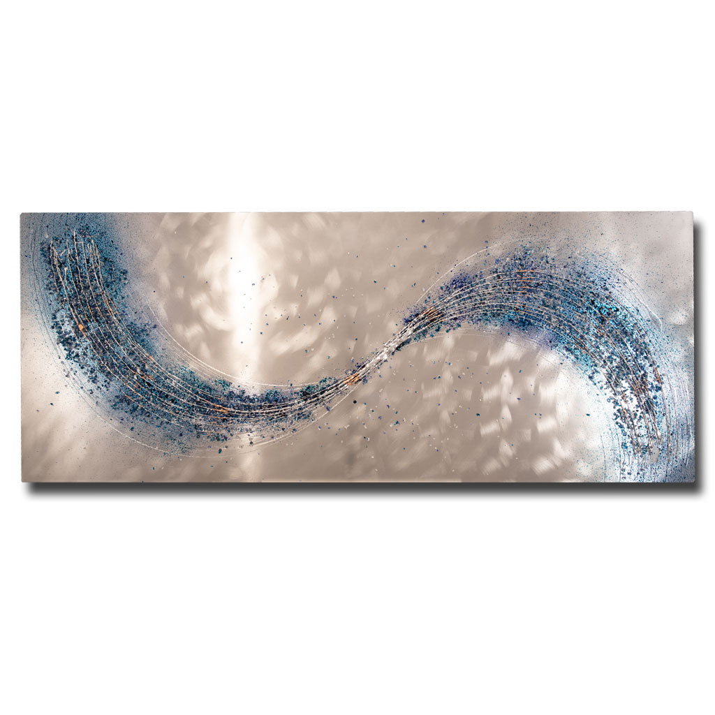 large blue metal wall art in a wave design