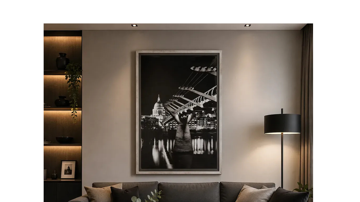 Black and white St Paul’s Cathedral and Millennium Bridge framed wall art handmade by Elysian Bespoke.