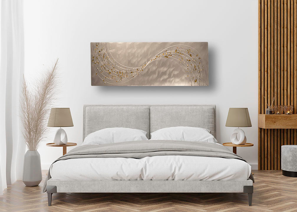Original handmade abstract metal wall art by Paul Marshall, crafted on a textured bronze base with a mix of coloured resins, gold, and bronze micas, showcasing unique flowing symmetrical patterns inspired by water.