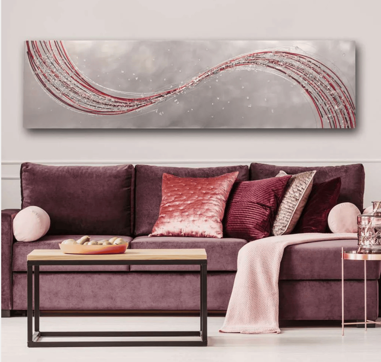 Elysian Bespoke handmade abstract metal wall art featuring flowing reds,  and silver textured wave design on a soft metallic background. Contemporary panoramic statement artwork for modern living room, dining room, hallway or luxury office décor.