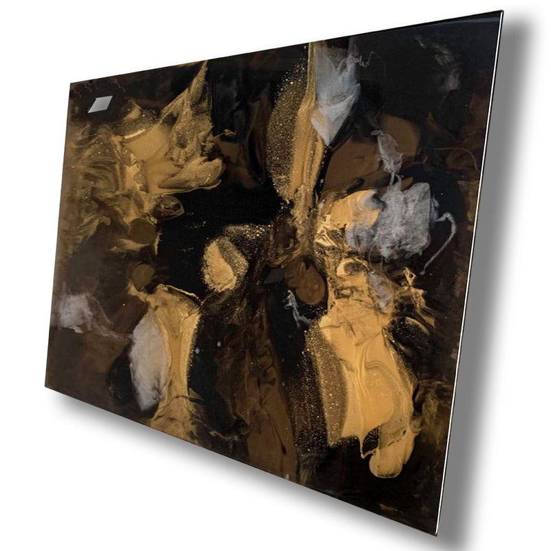 Large custom Abstract resin wall art featuring a dramatic fluid design in black, gold, and silver, shown at an angle with a drop shadow on a white background. Handmade by Paul Marshall at Elysian bespoke