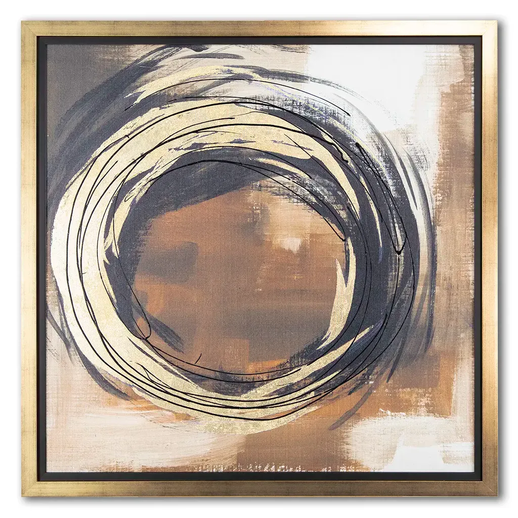 face view of luxury abstract circular wall art featuring gold, black and brown sweeping brushstrokes in a modern Bedroom. Hand made by Elysian Bespoke.