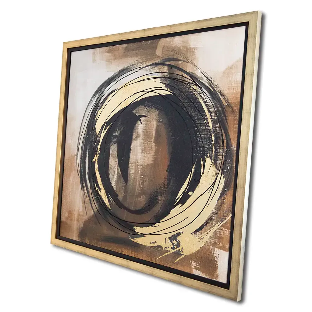 luxury abstract circular wall art featuring gold, black and brown sweeping brushstrokes in a modern lounge. Hand made by Elysian Bespoke.