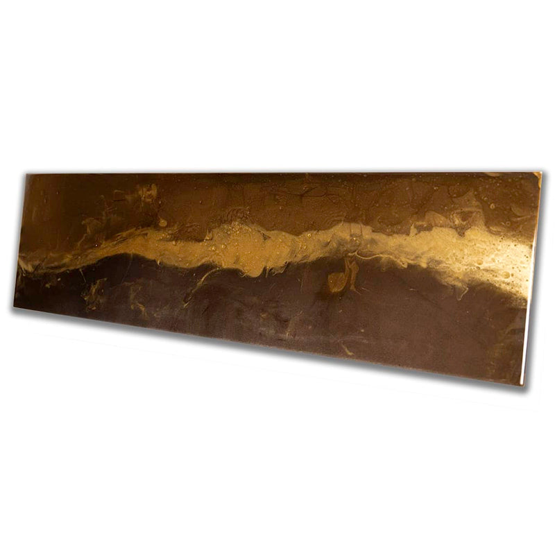 Side view of Luxury panoramic abstract gold resin wall art with glossy metallic finish on a dark bronze background, with gold highlights. handmade contemporary wall art by Elysian Bespoke.  