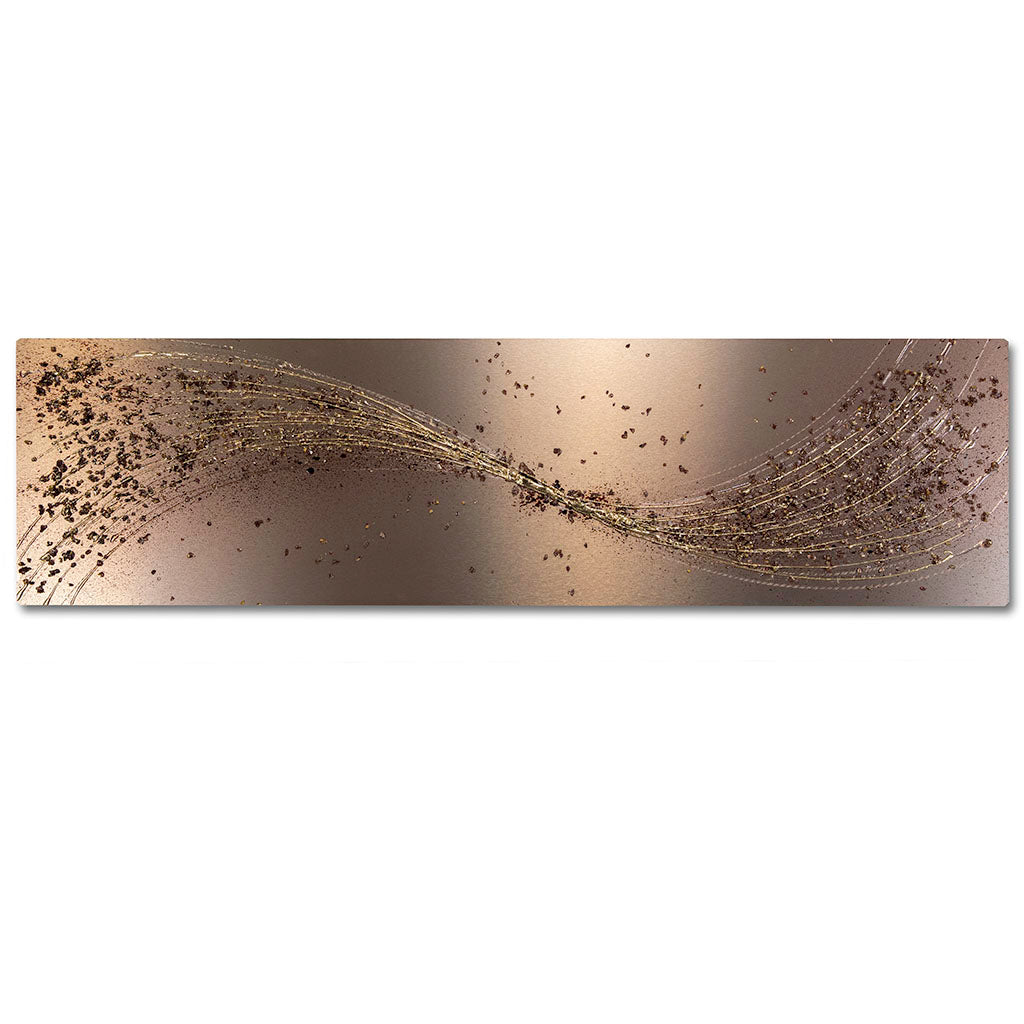 Bronze metal wall art with gold highlights, in a modern lounge. Hand made in the UK