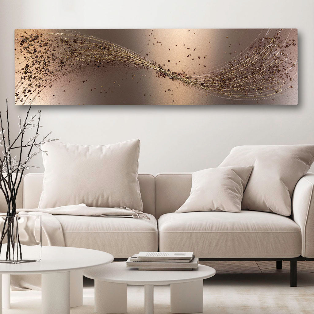 Bronze metal wall art with gold highlights, in a modern lounge. Hand made in the UK