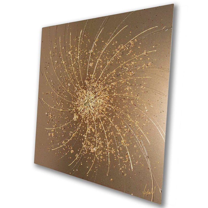 side view of luxury abstract gold metal wall art with textured gold leaf finish. contemporary wall art for modern living rooms. Handmade by Paul Marshall at elysian bespoke.