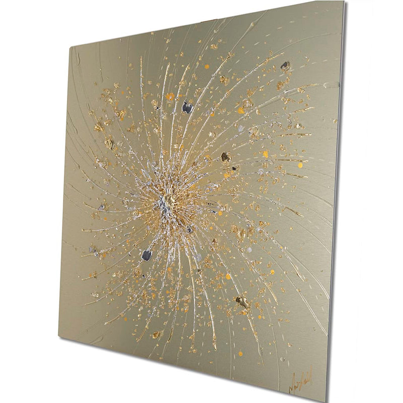 side profile of Handmade luxury abstract gold metal wall art featuring a radial starburst design with metallic gold, champagne and silver textures. Contemporary statement artwork for modern living rooms and elegant interior design.