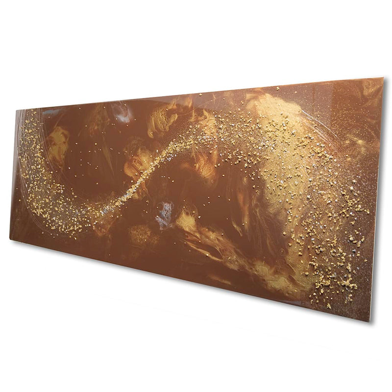 Large panoramic luxury abstract resin wall art in gold, browns silver. super Glossy finish, Hand made by paul marshall at Elysian bespoke.