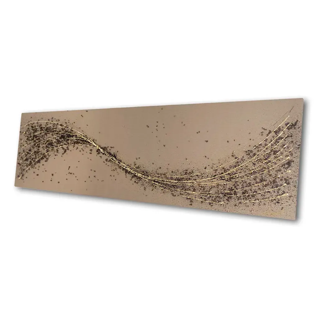 side view of Handmade espresso brown and bronze metal wall art by Elysian Bespoke, luxury contemporary oversized abstract wall sculpture for modern living room interiors.
