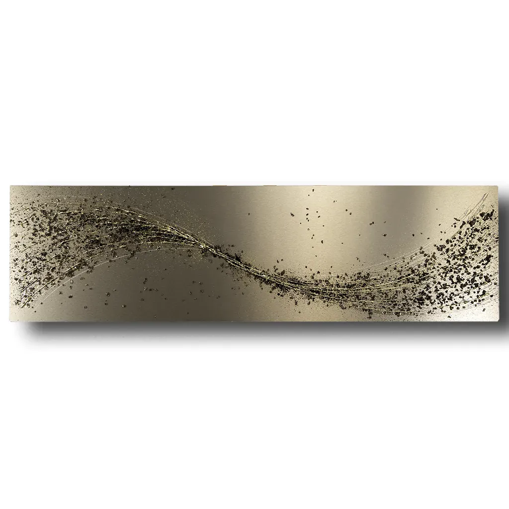 full view of Handmade espresso brown and bronze metal wall art by Paul Marshall at Elysian Bespoke, luxury contemporary oversized abstract wall sculpture for modern living room interiors.