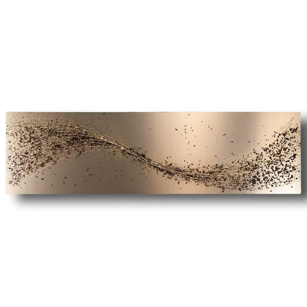 full view of Handmade espresso brown and bronze metal wall art by Paul Marshall at Elysian Bespoke, luxury contemporary oversized abstract wall sculpture for modern living room interiors.