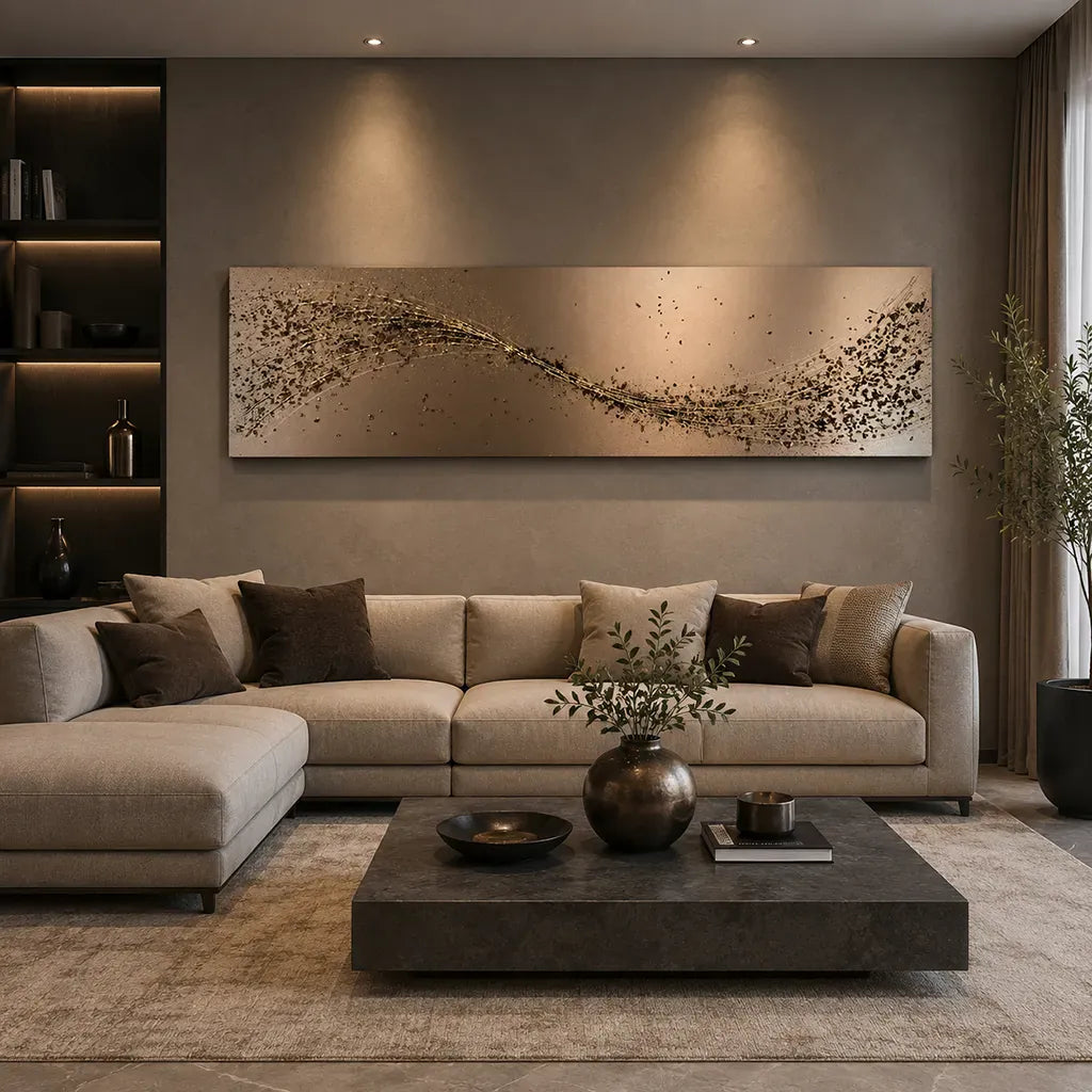 Modern Lounge setting with Handmade espresso brown and bronze metal wall art by Elysian Bespoke, luxury contemporary oversized abstract wall art for modern interiors.