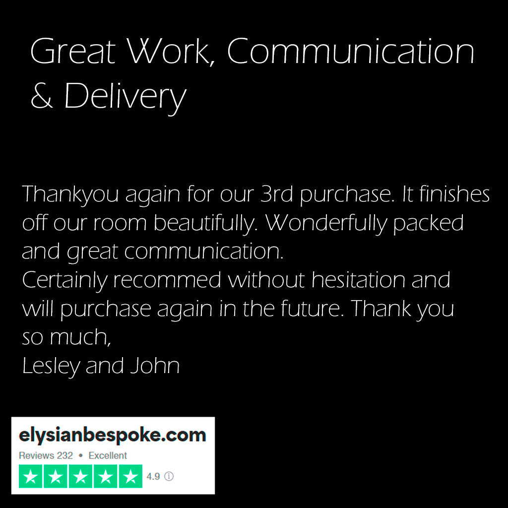 Positive review of Elysian Bespoke metal wall art on a black background with website information