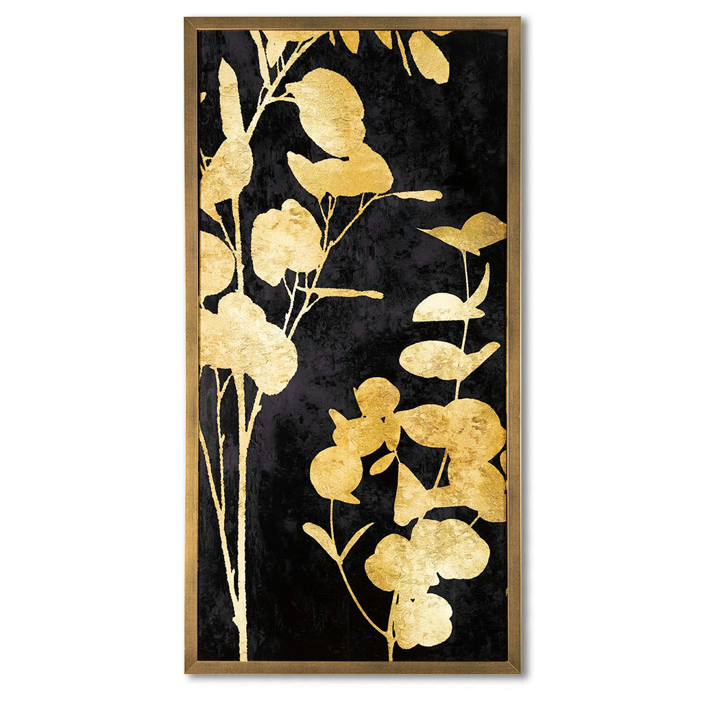 Framed artwork with gold leaf design on a black background