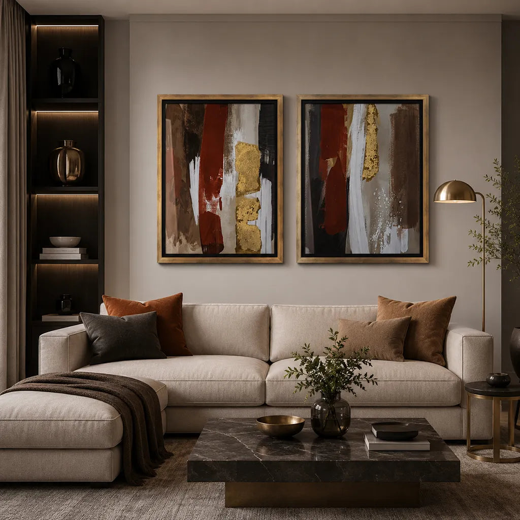 Earth & Gold Abstract Framed Wall Art in brushed gold frame for modern contemporary living room or bedroom.