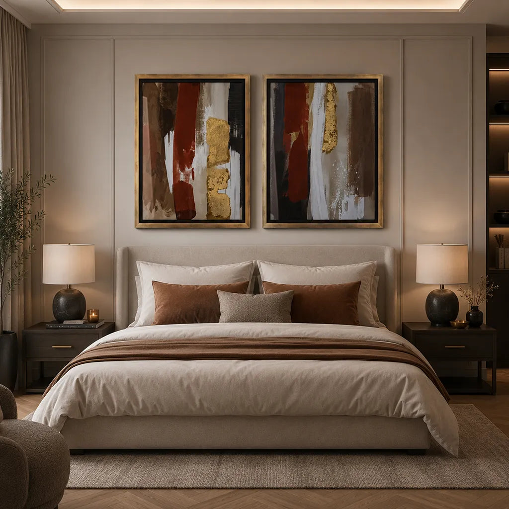 Earth & Gold Abstract Framed Wall Art in brushed gold frame for modern contemporary living room or bedroom.