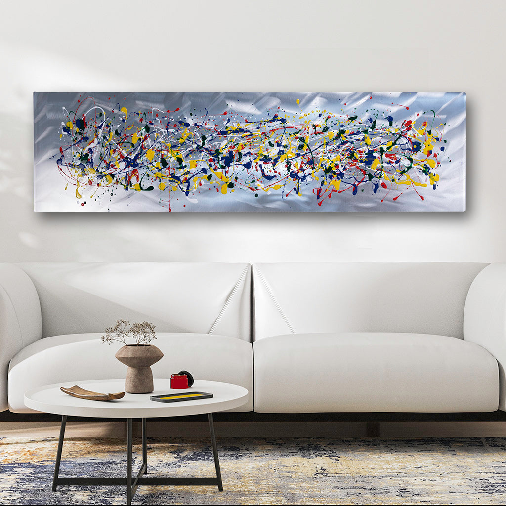 Multicoloured Jackson Pollock style abstract on metal wall art in a modern lounge