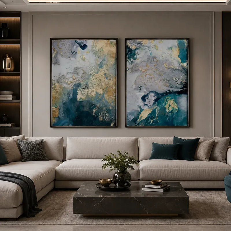 Large framed abstract wall art in greens, aquas and golds with flowing marble inspired textures, handmade by elysian bespoke.