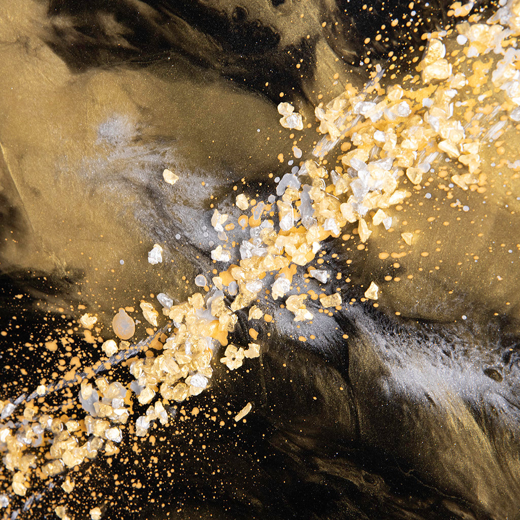 Close up of wall art texture - luxury handmade wall art with resin, glass and gold leaf