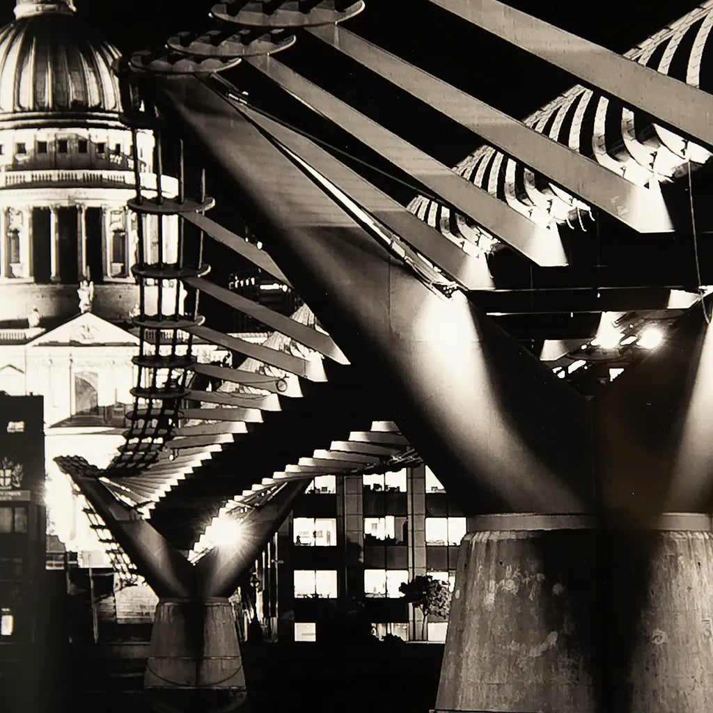 closeup of Handmade wooden framed black and white wall art featuring London's St Paul's Cathedral and Millennium Bridge by Elysian Bespoke, luxury contemporary statement artwork for modern interiors.