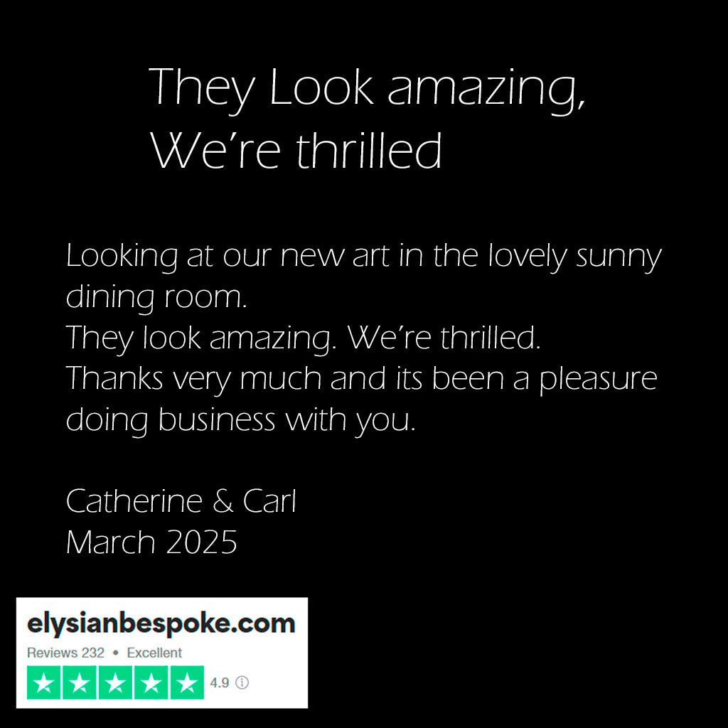 Text message expressing real satisfaction with new art in a dining room, featuring a website link and rating.