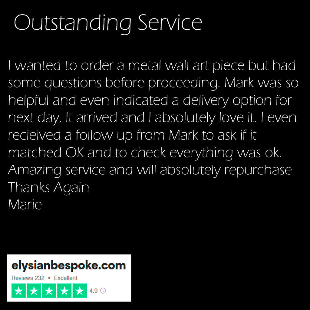 Customer review of Elysian Bespoke service of large metal wall art on a black background