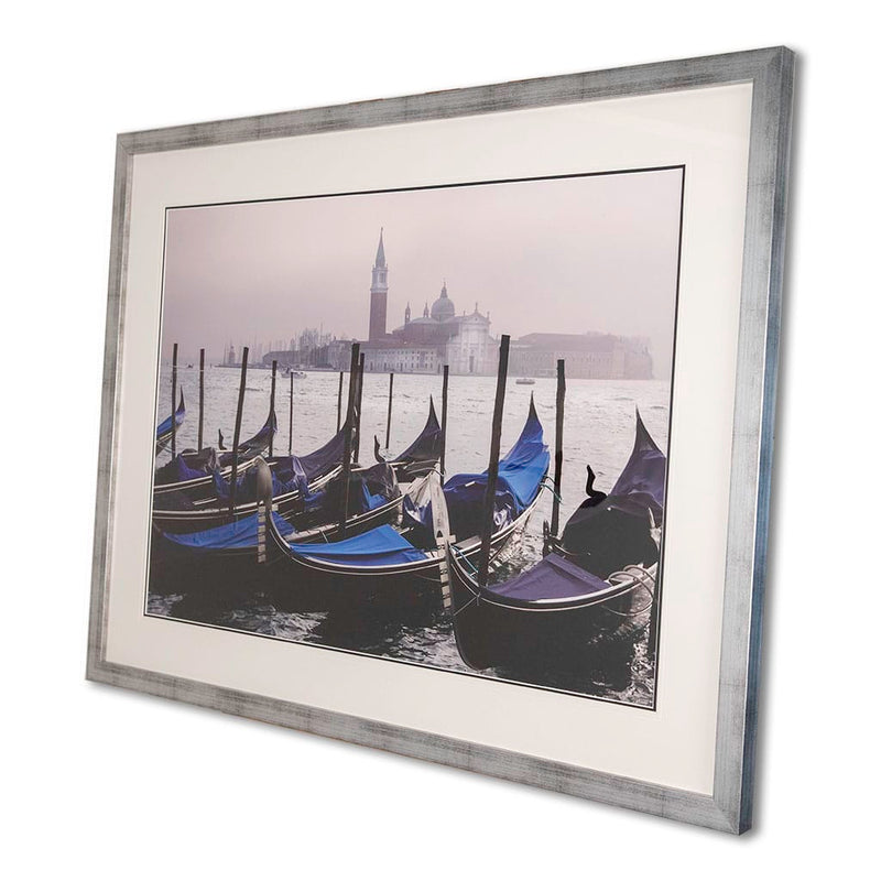 side view of large luxury framed wall art of venice with gondolas. Framed in a modern silver handmade by elysian bespoke.