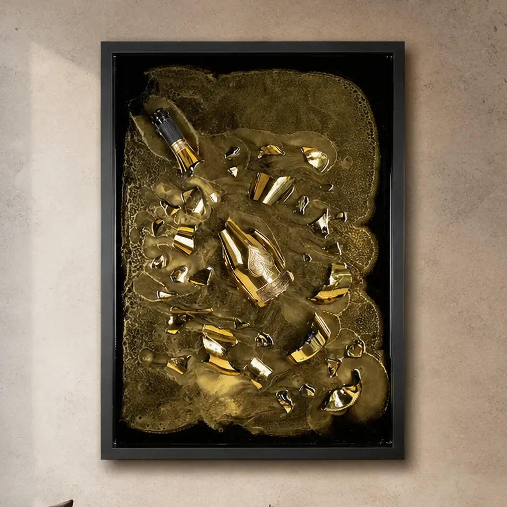 One-of-a-kind Armand de Brignac gold bottle and fragments set in textured metallic resin, handmade and framed by British artist Paul Marshall
