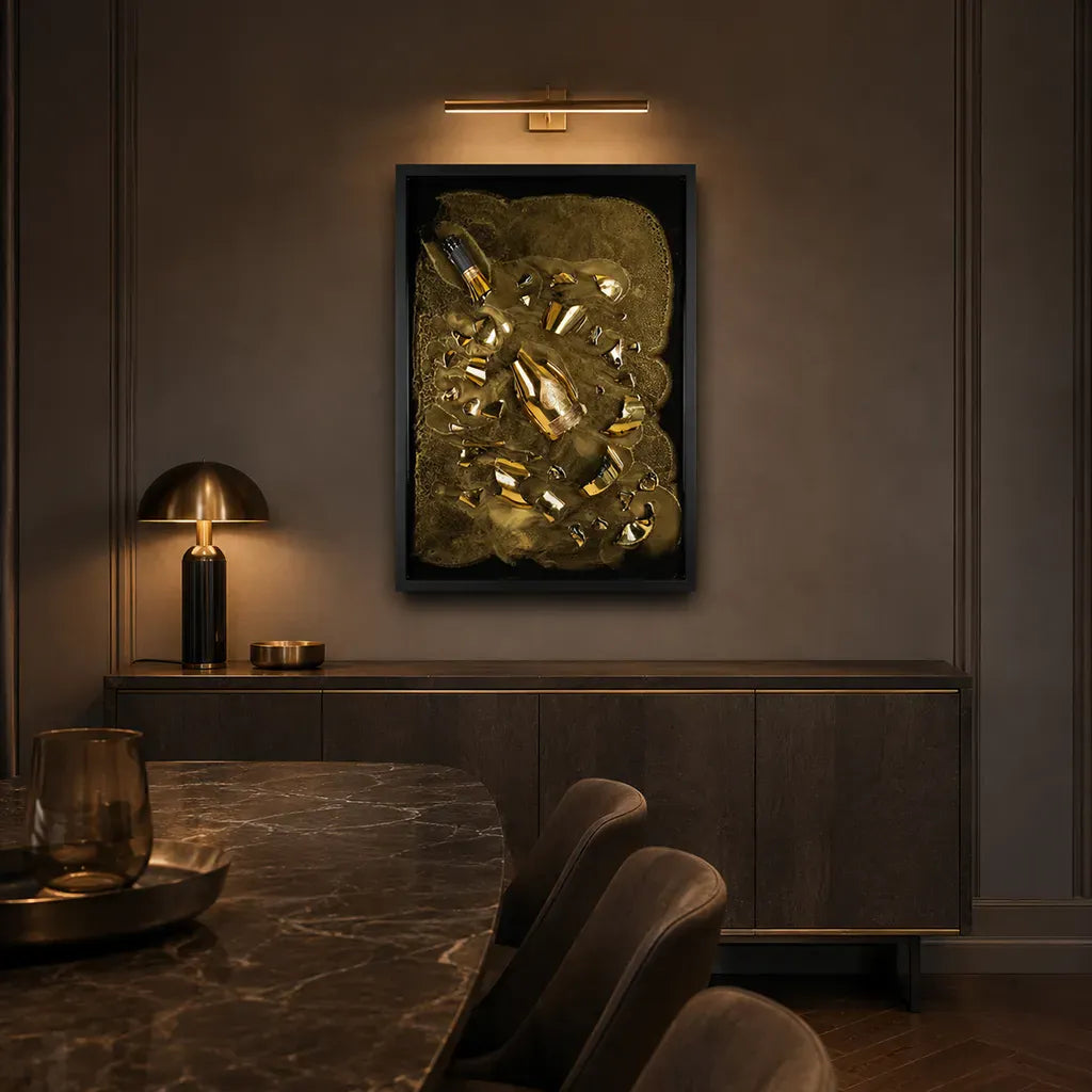 One-of-a-kind Armand de Brignac gold bottle and fragments set in textured metallic resin, handmade and framed by British artist Paul Marshall
