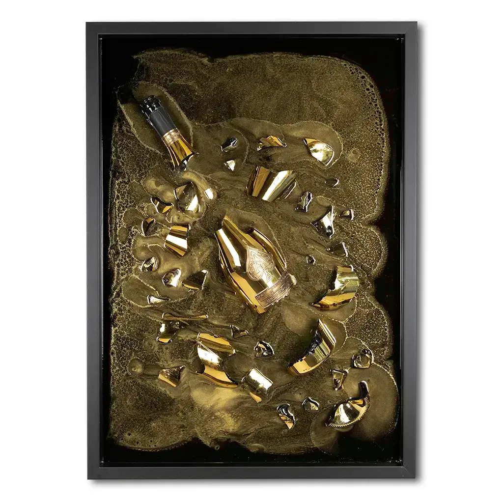One-of-a-kind Armand de Brignac gold bottle and fragments set in textured metallic resin, handmade and framed by British artist Paul Marshall
