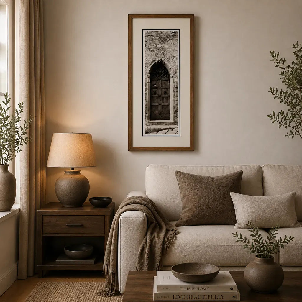 Bronze framed Italian stone archway wall art featuring a historic rustic wooden doorway in monochrome architectural photography. Handmade luxury framed artwork by Elysian Bespoke for contemporary home 