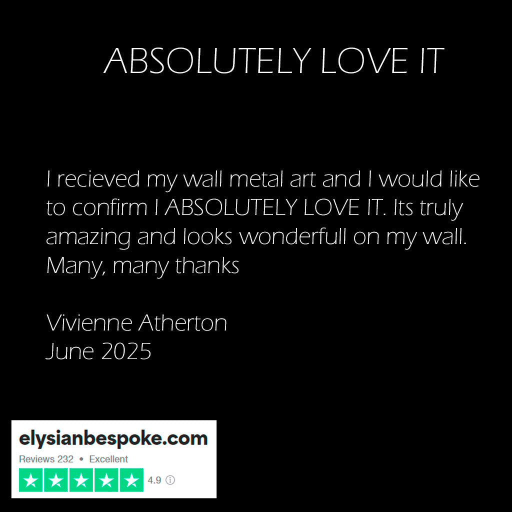 Positive review of wall metal art with a black background and white text.