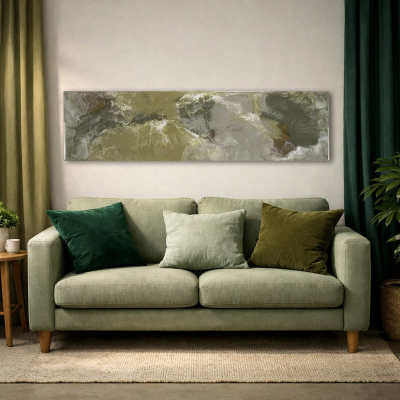 Luxury olive green, gold and white abstract resin wall art for modern living rooms. handmade by Paul Marshall at Elysian bespoke