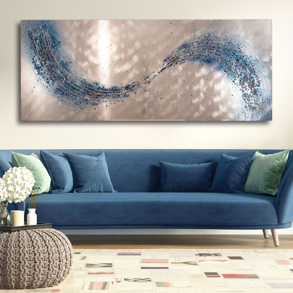 large Blue metal wall art in a modern lounge 